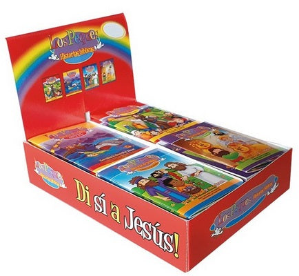 Una caja roja con libros infantiles ilustrados de colores vivos titulados «Los Pequeños: Historias Bíblicas» y la frase «¡Di sí a Jesús!» en la portada, perfecta para compartir historias bíblicas y oraciones infantiles.