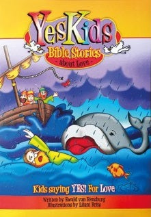 Portada ilustrada en la que se ve a Jonás siendo tragado por una ballena, con tres niños en un barco en medio de un mar embravecido. Perfecto para los amantes de los libritos de cuentos. Título: «Yes Kids: Historias bíblicas sobre el amor».