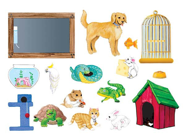 Este divertido set de juego de fieltro, que forma parte de una colección ilustrada de mascotas y accesorios, incluye un perro, un gato, un pez, un pájaro, una tortuga, un conejo, un lagarto, un espejo, un cuenco de comida, un rascador y una casita para mascotas, ideal para el juego imaginativo.