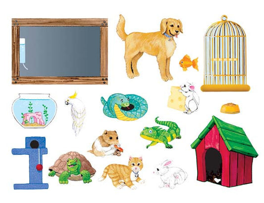 Este divertido set de juego de fieltro, que forma parte de una colección ilustrada de mascotas y accesorios, incluye un perro, un gato, un pez, un pájaro, una tortuga, un conejo, un lagarto, un espejo, un cuenco de comida, un rascador y una casita para mascotas, ideal para el juego imaginativo.