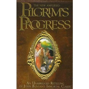 Portada del libro *The New Amplified Pilgrims Progress*, en la que aparecen un marco decorativo, dos personajes ilustrados en su peregrinación cristiana y el título en relieve dorado, con referencias a la Ciudad Celestial y al Pantano del Desánimo.