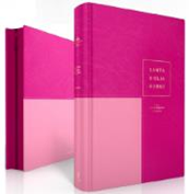 Dos libros de tapa dura con un diseño de bloques de color rosa y rosa claro, uno en posición vertical y el otro en posición horizontal, con portadas minimalistas que incluyen texto. Perfectos para quienes buscan una Biblia Super Gigante de la Reina Valera 1960.
