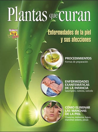 Portada de una revista sobre plantas medicinales para enfermedades de la piel, en la que aparecen el aloe vera y tres apartados dedicados a la preparación, las enfermedades exantemáticas infantiles y la eliminación de manchas en la piel.