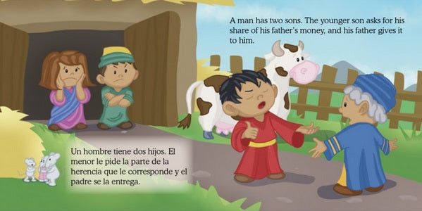 Dos hijos están fuera con su padre, junto a una vaca y una valla. El hijo menor recibe dinero mientras la madre observa desde la puerta. Ideal como librito bilingüe para niños, esta escena de «Pequeños héroes de la Biblia» incluye texto en inglés y español.