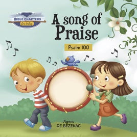 En esta encantadora ilustración infantil, dos niños sostienen un gran tambor al aire libre, rodeados de notas musicales. La portada del libro infantil reza: «Una canción de alabanza, Salmo 100», de Agnes De Bezenac, un versículo parafraseado de forma preciosa.
