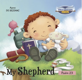 Encantadora ilustración infantil de un niño sonriente que sostiene un cordero, sentado junto a una Biblia morada, un bastón y un pájaro. La portada lleva el título «Mi pastor, Salmo 23», ideal para un libro infantil o una paráfrasis del salmo.