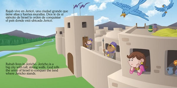 Dibujo de Jericó con altas murallas de piedra, gente asomándose por las ventanas, guardias con lanzas y dos pájaros volando por encima. El texto sobre Rahab y Jericó aparece en español y en inglés, extraído del librito bilingüe para niños «Pequeños héroes de la Biblia».