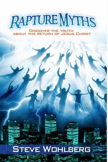Portada del libro *Rapture Myths*, de Steve Wohlberg, en la que aparecen siluetas elevándose hacia el cielo sobre un paisaje urbano con relámpagos y nubes, ilustrando el versículo bíblico «línea tras línea, precepto tras precepto» para explorar las verdades del fin de los tiempos.