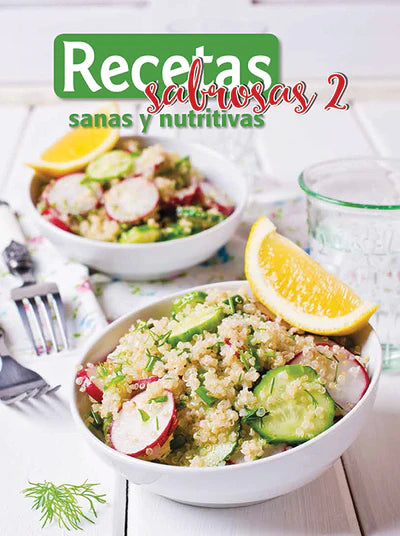 Dos cuencos de ensalada de quinoa con pepino, rábano y gajos de naranja sobre una mesa blanca, junto a un vaso de agua. El texto de la imagen dice: «Recetas sabrosas, sanas y nutritivas: perfectas para tu revista de recetas y para los amantes de la comida nutritiva».
