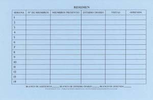 Tarjeta de registro azul en español con columnas para la semana, el número de miembros, los miembros presentes, los estudios bíblicos, las visitas y las ofrendas: perfecta para llevar el control de la asistencia a lo largo de once semanas.