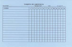 Una «Tarjeta de Registro» en blanco en español con columnas para los nombres, el profesor, el trimestre, el año, el número de clase y catorce casillas para pasar lista y anotar los alumnos presentes.