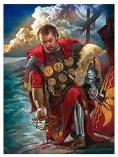 Un soldado romano con armadura y capa roja está arrodillado sobre una rodilla, sosteniendo un casco, con un escudo y un cielo espectacular al fondo: perfecto para una tarjeta postal de 5 x 7 pulgadas.