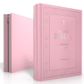 Hay dos libros de tapa dura de color rosa claro colocados en posición vertical; el libro de delante, una «Santa Biblia Reina Valera 1960 con índice», presenta decoraciones ornamentadas y la inscripción «Letra Gigante» en la portada.