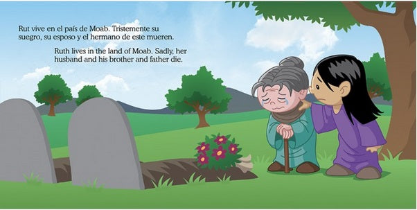 Una mujer mayor y otra más joven están de pie junto a dos tumbas adornadas con flores. La más joven, que sostiene el libro «Pequeños héroes de la Biblia», consuela a la mayor, que parece triste. Los árboles y la hierba forman un fondo tranquilo.