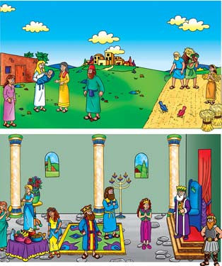 Dos escenas de estilo caricaturesco: la de arriba muestra a personas interactuando al aire libre en una zona rural, lo que evoca historias bíblicas como la de Rut; la de abajo muestra a personas reunidas en un palacio real con un rey en su trono, lo que recuerda a la reina Ester.