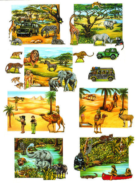 Las ilustraciones de diversas escenas de safari y selva captan la acción y la emoción de un safari real, en las que aparecen animales, vehículos y personas explorando paisajes con elefantes, leones, cebras, camellos y mucho más.