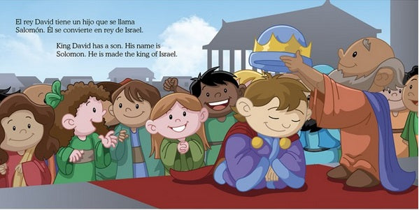 Un grupo de niños y adultos observa cómo un hombre mayor corona a un niño arrodillado. El texto explica que Salomón, hijo del rey David, se está convirtiendo en rey de Israel en este libro infantil bíblico de la serie «Pequeños Héroes de la Biblia».