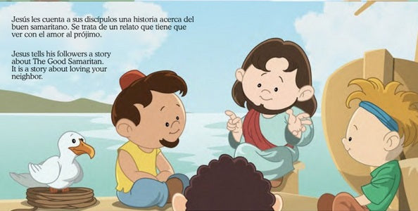 Una ilustración de cómic en la que Jesús cuenta una historia a tres niños junto al agua, con un pájaro cerca. Este libro infantil religioso, *Pequeños héroes de la Biblia*, explica la parábola del buen samaritano, que trata sobre el amor al prójimo.