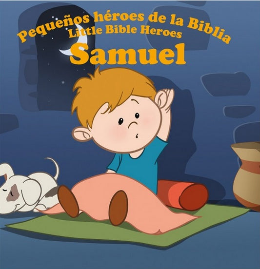Ilustración de un niño sentado en una estera con un perro durmiendo a su lado, extraída de *Pequeños Héroes de la Biblia: Samuel*, un librito bilingüe para niños y un encantador libro cristiano infantil.