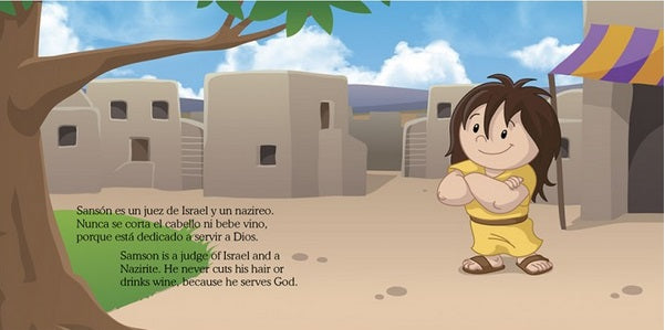 Dibujo de un niño sonriente, con el pelo largo y castaño y una túnica amarilla, de pie con los brazos cruzados en un pueblo. El texto explica el voto nazareo de Sansón en español e inglés, de la serie de libros infantiles bíblicos «Pequeños Héroes de la Biblia».
