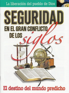 Portada de un libro en español en la que aparecen una Biblia abierta, un reloj de arena y un globo terráqueo, con un texto sobre la esperanza y la seguridad en el conflicto mundial a través de la profecía bíblica y el destino del mundo predicho.