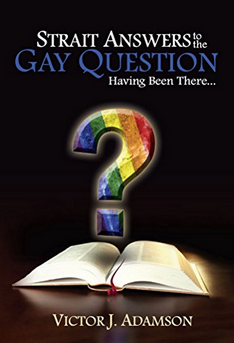 Portada del libro en la que se ve una Biblia abierta y un gran signo de interrogación con un arcoíris encima, que refleja las dudas sobre la homosexualidad. El título reza: «Respuestas directas a la cuestión gay: habiéndolo vivido...», de Victor J. Adamson.