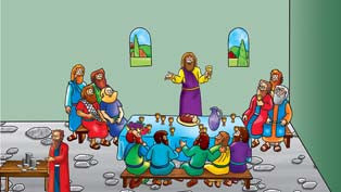 Ilustración de la Última Cena en la que aparecen Jesús y sus discípulos sentados alrededor de una mesa en el interior, compartiendo una comida con copas y comida. Perfecta para presentaciones en tablero de fieltro en interiores, esta escena mide 14 x 25.