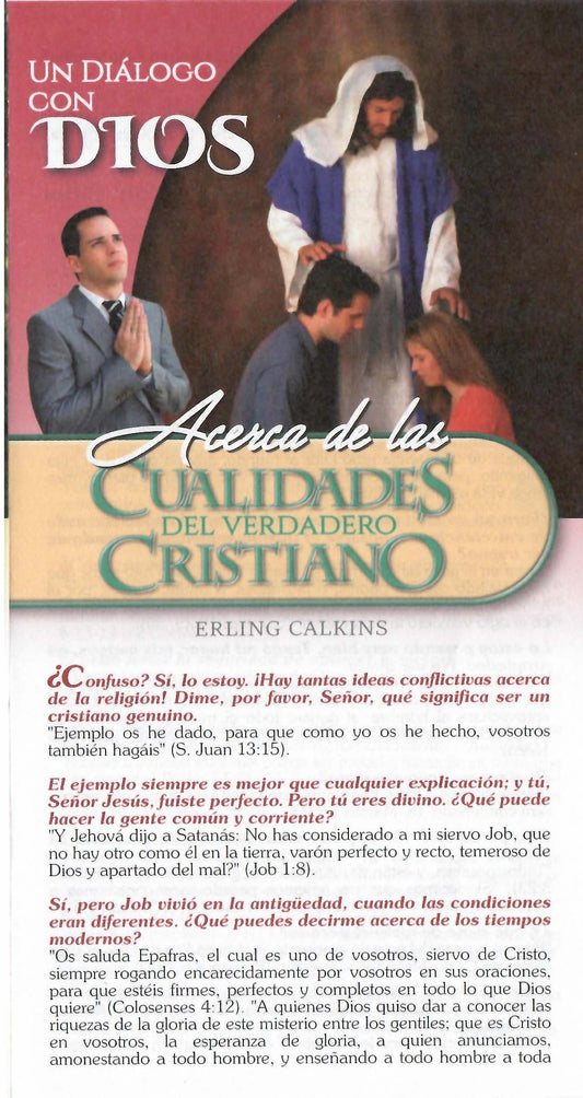 Un folleto cristiano en formato tríptico de tamaño carta muestra a un grupo de personas conversando y a un hombre con túnica sobre ellas, con el título «Acerca de las cualidades del verdadero cristiano», de Erling Calkins. Disponible en paquetes de 100 unidades.