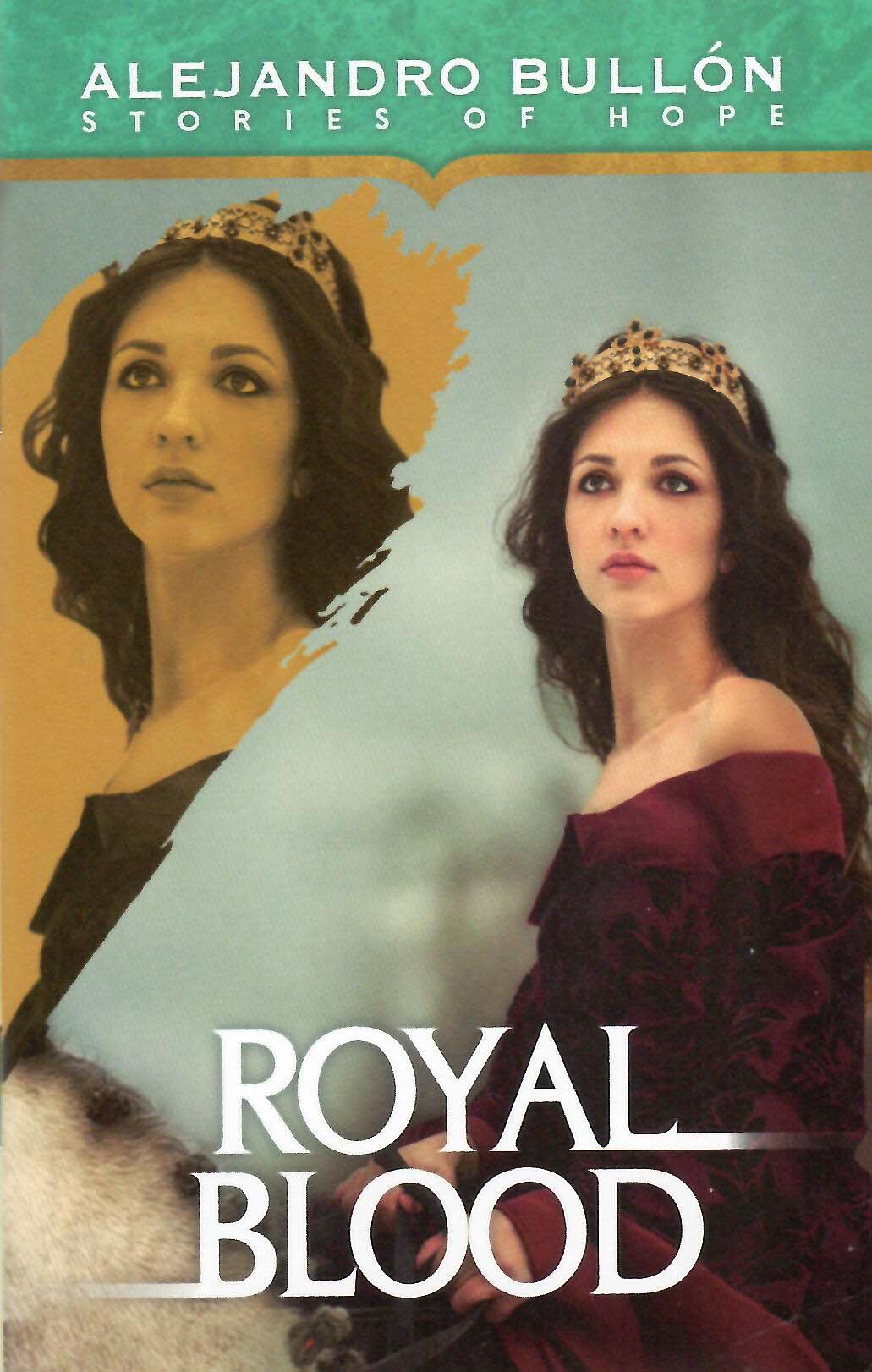 Portada del libro «Royal Blood», de Alejandro Bullón, en la que aparece una mujer con una corona y un vestido con hombros al aire, con su reflejo detrás de ella, y el subtítulo «Historias de esperanza».