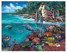 Un grupo de personas en una costa rocosa observa a los delfines en las cristalinas aguas del océano, los coloridos arrecifes de coral y la vida marina que se esconde en las profundidades, todo ello plasmado en un impresionante póster de 20 x 16.
