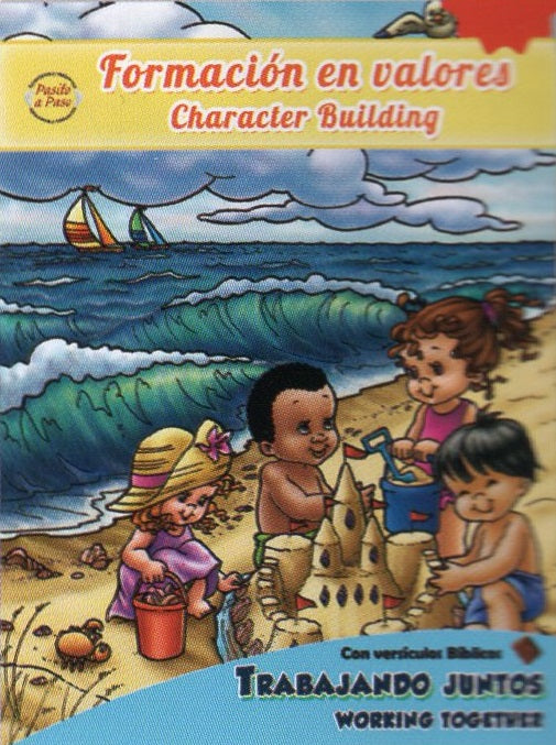 Cuatro niños juegan juntos construyendo castillos de arena en una playa junto al mar, con veleros y olas al fondo. El texto, en español e inglés, trata sobre la formación de valores y el desarrollo del carácter.