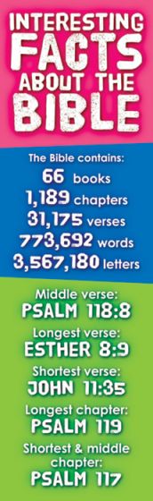 Paquete de infografías con 25 datos sobre la Biblia: 66 libros, 1.189 capítulos, 31.175 versículos, 773.692 palabras y 3.567.180 letras; incluye los versículos y capítulos más largos, más cortos y de longitud media.