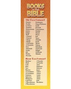 Un paquete de 25 marcapáginas en el que figuran todos los libros de la Biblia, divididos entre el Antiguo Testamento y el Nuevo Testamento, en dos columnas sobre un fondo marrón y amarillo.