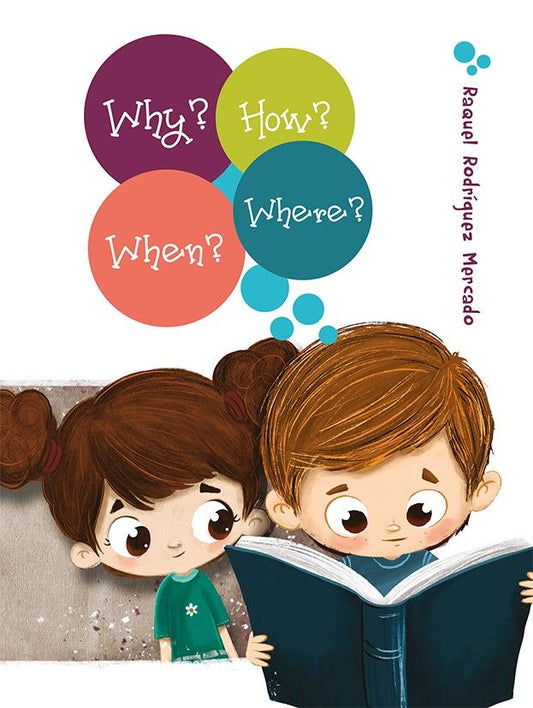 Dos niños están sentados juntos; el niño lee un libro mientras la niña lo observa. Sobre ellos aparecen coloridos globos de pensamiento —¿Por qué? ¿Cómo? ¿Cuándo? ¿Dónde?— que reflejan su curiosidad a medida que empiezan a forjar su carácter y a establecer relaciones sólidas.