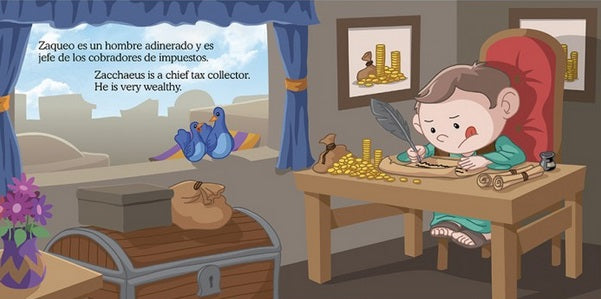 Un hombre está sentado ante un escritorio contando monedas y escribiendo, rodeado de dinero, monedas y pergaminos. También se ven un cofre y dos pájaros junto a una ventana. El texto de este libro infantil bíblico lo describe como un recaudador de impuestos adinerado.