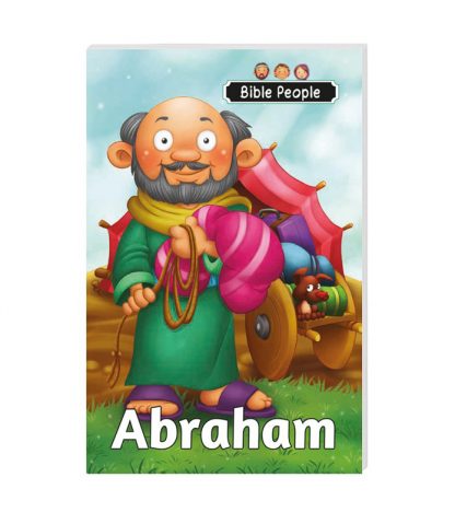 Ilustración de estilo cómic de Abraham, un personaje bíblico, de pie al aire libre sosteniendo objetos de colores, con una tienda de campaña y sus pertenencias al fondo. El texto reza: «Personajes de la Biblia y Abraham», ideal para historias bíblicas ilustradas o relatos bíblicos para niños.