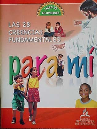 Portada de un libro de actividades para niños titulado «Las 28 creencias fundamentales para mí», en la que aparecen niños, letras de colores y una ilustración de Jesús.