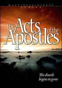 Portada del libro «Los Hechos de los Apóstoles», en la que se aprecia una puesta de sol sobre una costa rocosa, con los primeros cristianos en primer plano y el subtítulo «La Iglesia comienza a crecer» en la parte inferior derecha.