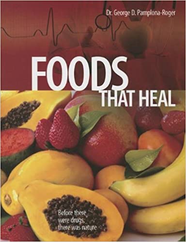 Portada del libro «Alimentos que curan», en la que aparecen diversas frutas frescas, como papayas, fresas y uvas —alimentos curativos que favorecen una salud radiante—, con un gráfico de la frecuencia cardíaca al fondo.