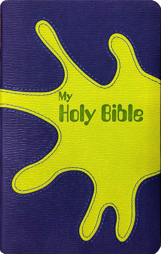 La portada de un libro titulado «My Holy Bible» presenta un gran diseño de salpicaduras amarillas sobre un fondo morado con textura, en el que destaca el Antiguo Testamento a todo color.