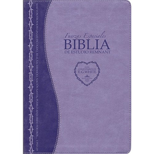 Biblia española encuadernada en cuero morado titulada «Biblia de Estudio Remnant», con comentarios de Elena G. de White, texto decorativo en la portada e incluye estudios temáticos bíblicos en la reconocida versión de la Biblia Reina-Valera de 1960.
