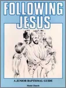 Portada del libro titulado «Seguir a Jesús: una guía bautismal para niños», con una ilustración en blanco y negro de Jesús junto a dos niños, ideal para la preparación al bautismo y para impartir lecciones bíblicas a los más pequeños.