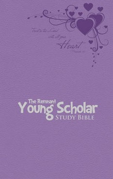 Cubierta morada de la Biblia de estudio «The Remnant Young Scholar Study Bible», con corazones y arabescos decorativos en la parte superior: una Biblia de estudio perfecta para inspirar a los niños en el estudio de la Biblia.