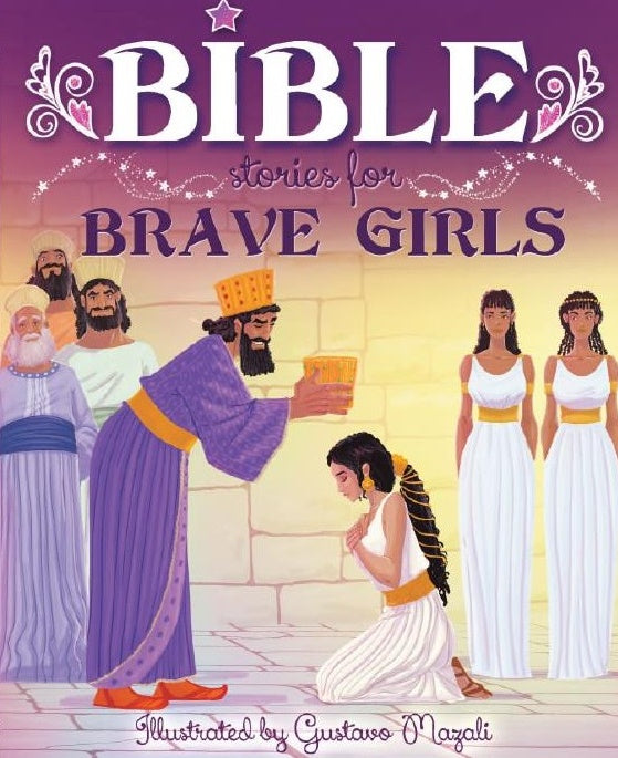 Un rey se arrodilla para colocar una corona sobre la cabeza de una niña mientras otros observan; portada de un libro de historias bíblicas para niñas, que rinde homenaje a las valientes heroínas de la Biblia.