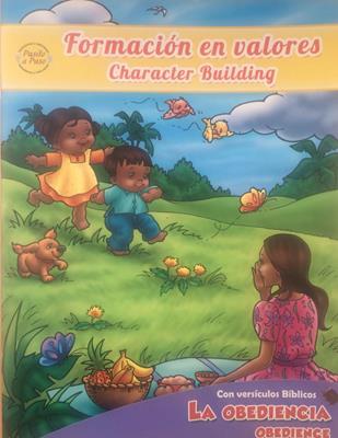 Los niños juegan al aire libre entre mariposas y flores, mientras una mujer está sentada cerca. En la portada del libro se lee «Formación en valores - Character Building» y «La obediencia - Obedience», ideal para historias para niños y actividades para colorear.
