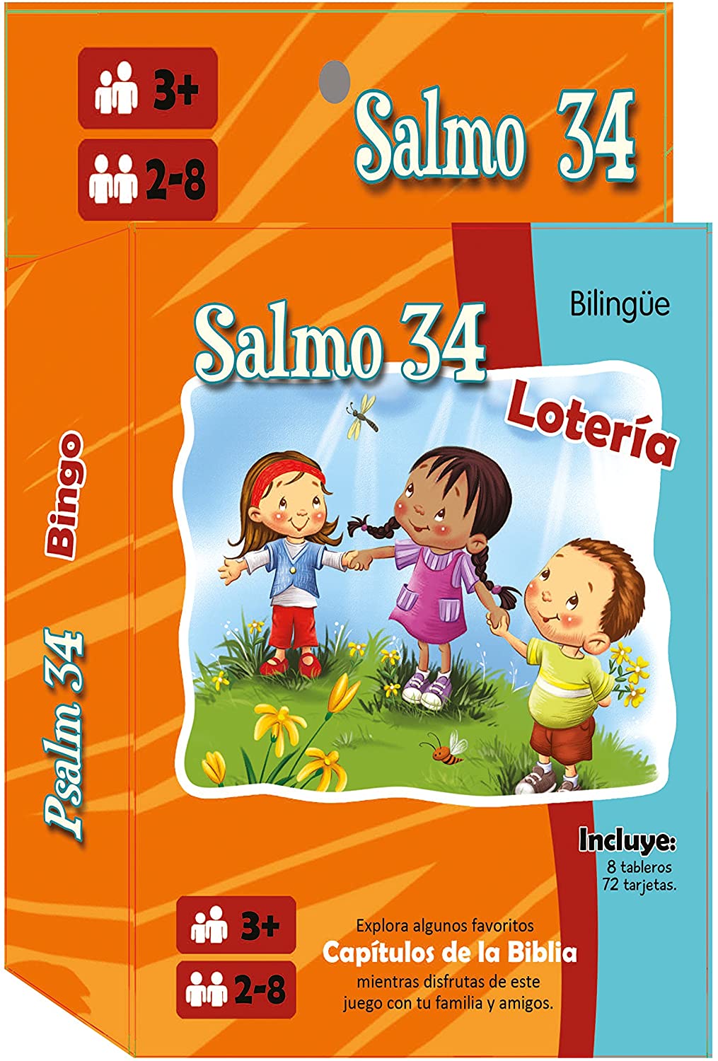 Caja del juego bilingüe de bingo del Salmo 34, llamado «Salmo 34/Lotería», para mayores de 3 años, en la que aparecen tres niños jugando al aire libre y los detalles del juego en español e inglés. Perfecto para divertirse en familia con un toque bíblico.