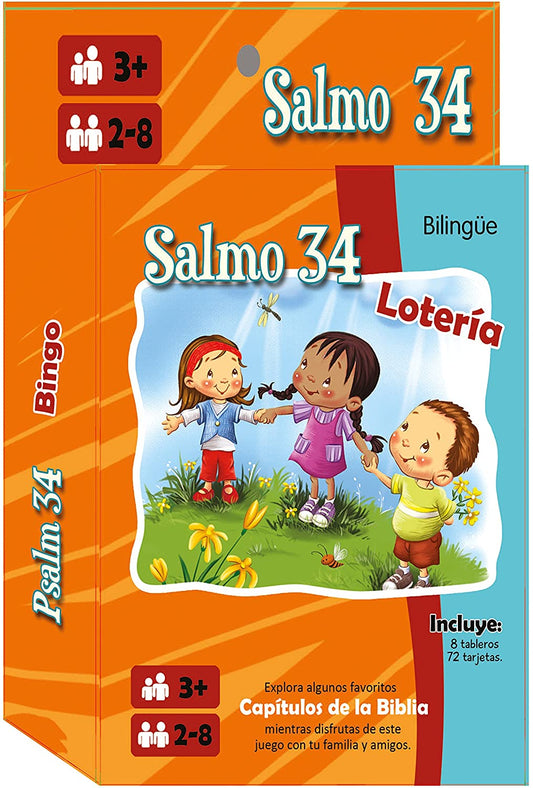 Caja del juego bilingüe de bingo del Salmo 34, llamado «Salmo 34/Lotería», para mayores de 3 años, en la que aparecen tres niños jugando al aire libre y los detalles del juego en español e inglés. Perfecto para divertirse en familia con un toque bíblico.