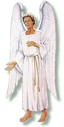 Ilustración de un ángel decorativo con alas blancas, pelo corto y claro, y una larga túnica blanca atada con un cinturón de cuerda, de pie, descalzo, con una mano extendida y una expresión serena.