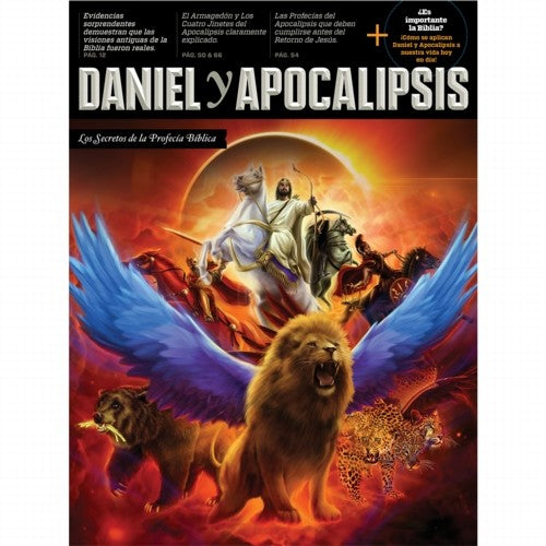 La portada de la revista, titulada «Daniel y Apocalipsis», explora los misterios bíblicos a través de los cuatro jinetes, un león alado, un oso, un leopardo alado y una bestia de dos cuernos sobre un fondo llameante, destacando su relevancia actual.