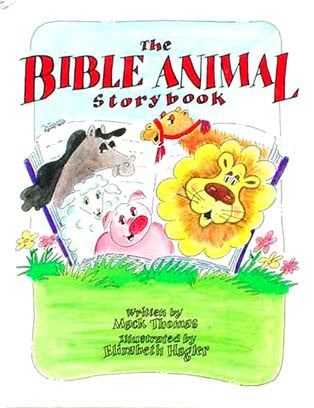 Portada de «The Bible Animal Storybook», un libro ilustrado en el que aparecen animales de la Biblia, como un burro, una oveja, una vaca y un león, asomándose por encima de un libro abierto con el título encima de ellos; ideal como libro para niños.